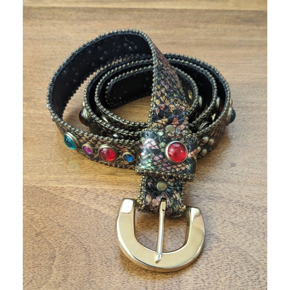 Women's Designer Leather Rhinestone Belt Multicolor Gold Buckle  36.5" Length